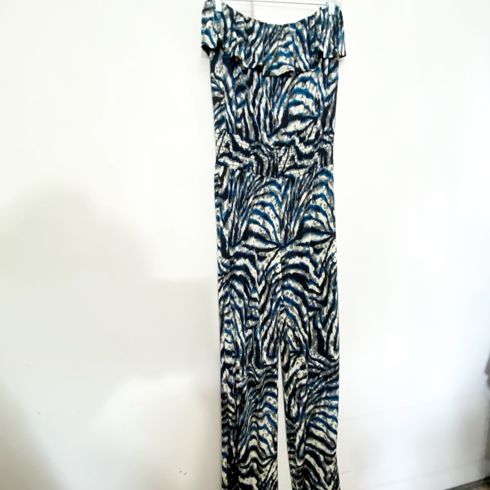 Sara Elastic Ruffle Chest Blouson Elastic Waist Wide Leg Zebra Print Jumpsuit L